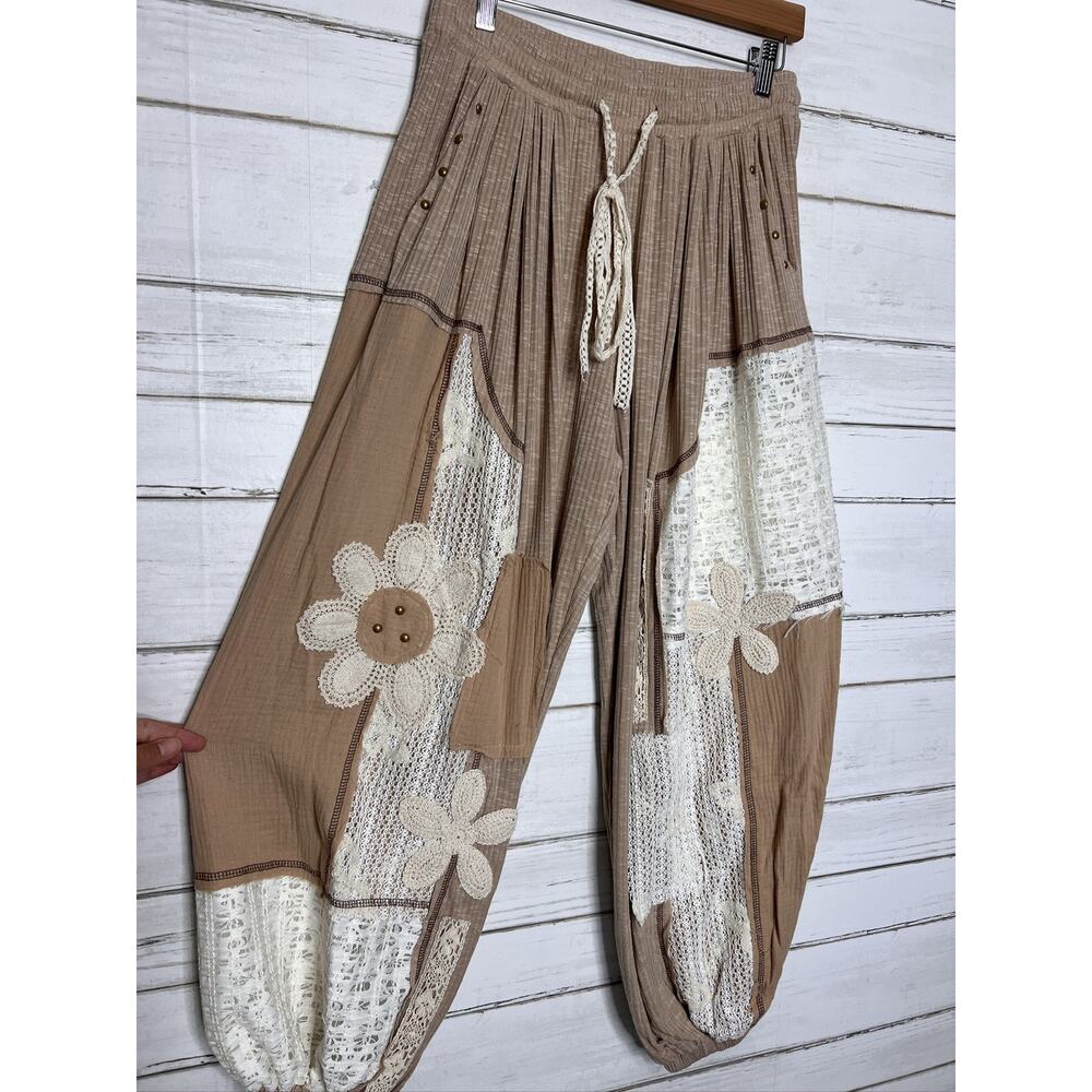 POL Patchwork Lace Harem Jogger Pants Women's Small Brown White Drawstring - Picture 3 of 10